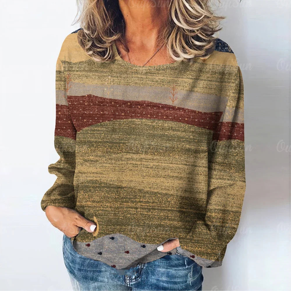 Women's Natural Scenery Printed Long Sleeve T-Shirt Casual Ladies Tops Daily Loose Clothes Retro Casual Fashion Ladies T-Shirt