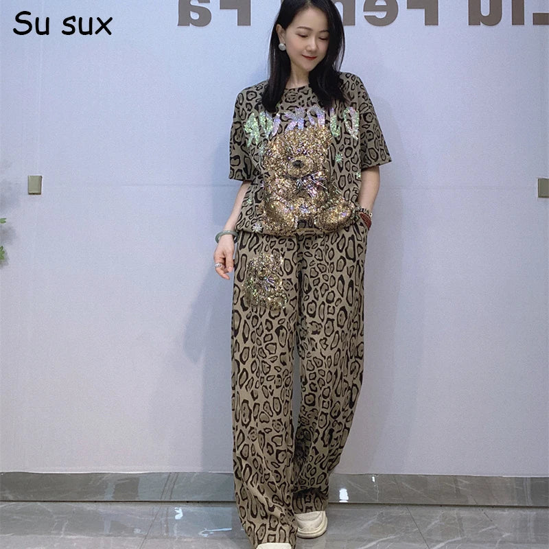 Cartoon Bear Leopard Print Wide Leg Pant 2 Pieces Sets Woman Outfits