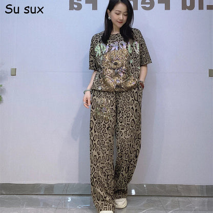 Cartoon Bear Leopard Print Wide Leg Pant 2 Pieces Sets Woman Outfits