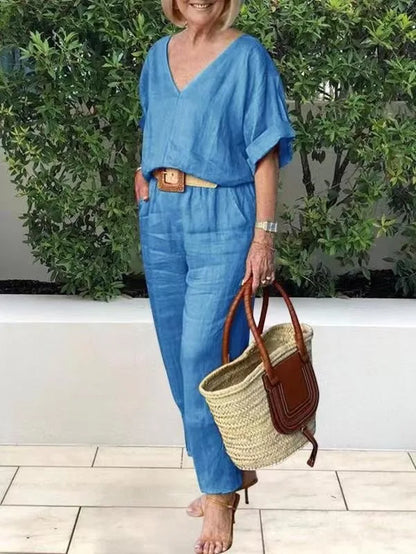 2 Piece Sets Women Outfit Women Suits Gray V-Neck Short Sleeve Tops
