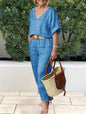 2 Piece Sets Women Outfit Women Suits Gray V-Neck Short Sleeve Tops