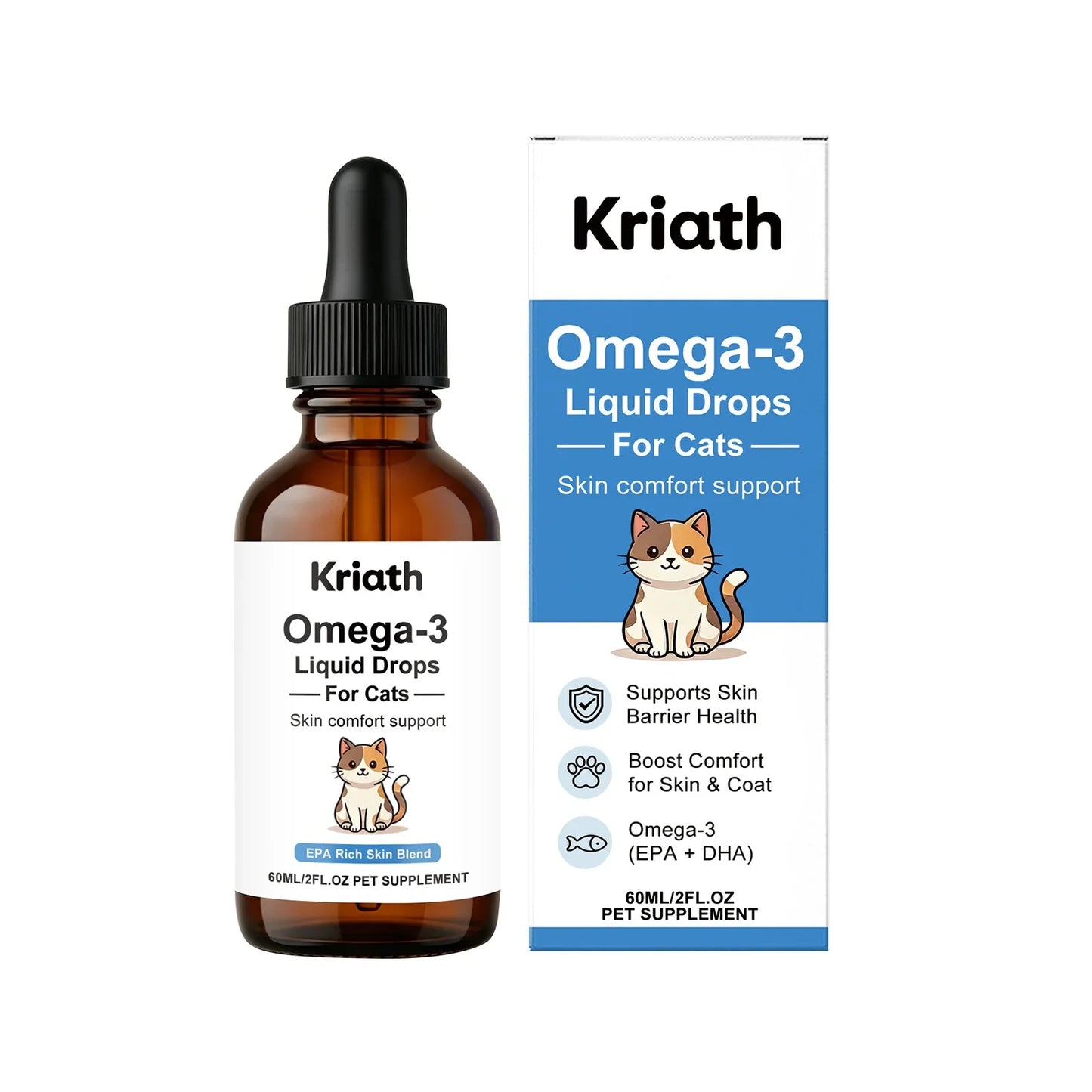 Kriath Omega-3 Liquid Drops for Cats, EPA & DHA Supplement, Nourish Skin & Coat, Reduce Shedding, Support Skin Barrier Health