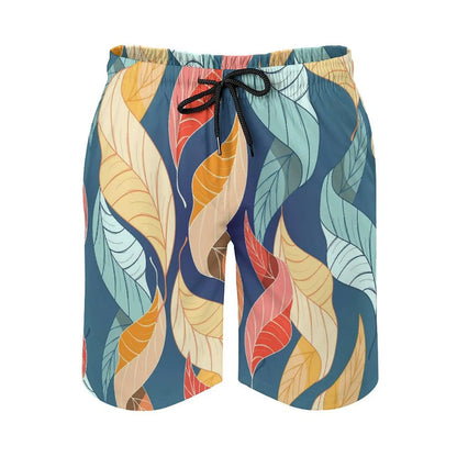 Men's Leaf Printed Pattern Casual Shorts Boys Summer Cool Hawaiian 3D Printed Casual Swim Trunks Drawstring Surfboard Shorts