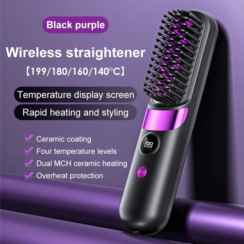 Electric Hair Straightener Brush Rechargeable Ceramic Styling Comb with Temperature Display for Women Daily Care
