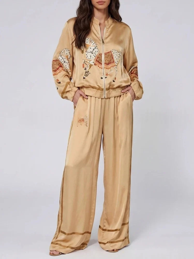 Autumn Animal Print Coat Trousers Suit Women Zipper Casual Long Sleeve