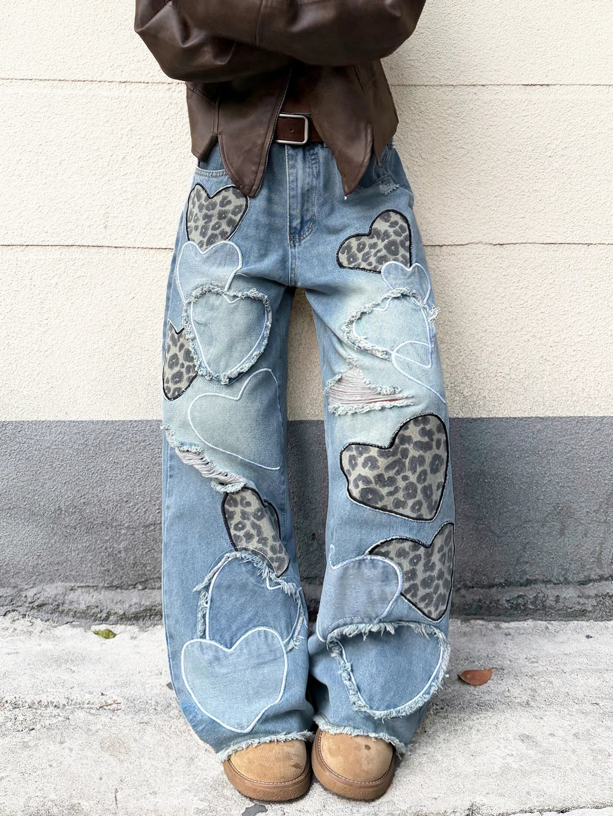 American Retro Heart-Shaped Leopard Print Patchwork Women's Loose High-Waisted Blue Wide-Leg Jeans, Street Fashion Niche Design Versatile Trousers