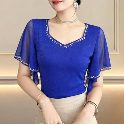 Summer New Diamond Shirt Short Sleeved Mesh Tops Slim Korean Fashion