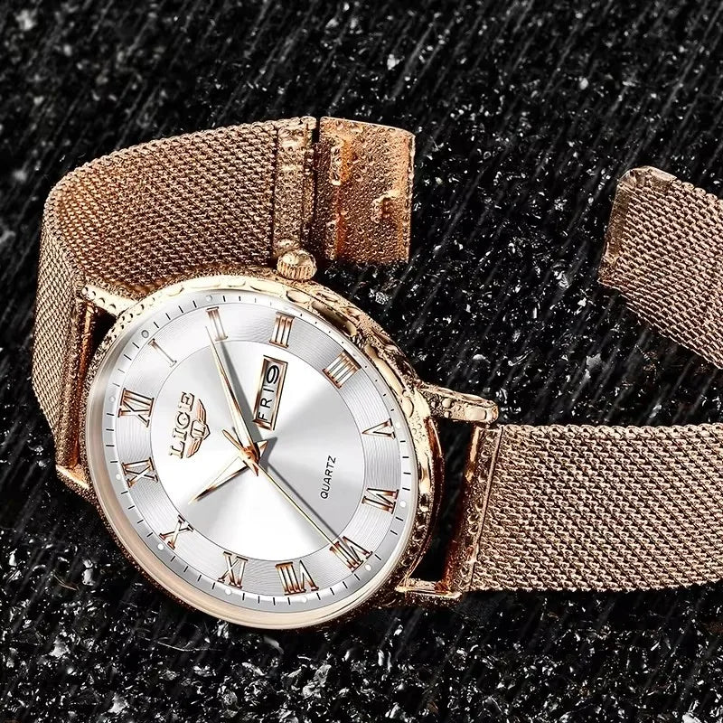 Women's Rose Gold-Tone Mesh Day-Date Watch