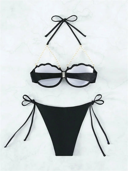 Sexy Shell Shape Underwire Bikini Tie Side Thong Bikinis Swimwear Women 2025 Black Pearls Strap Push Up Bathing Suit Swimsuit