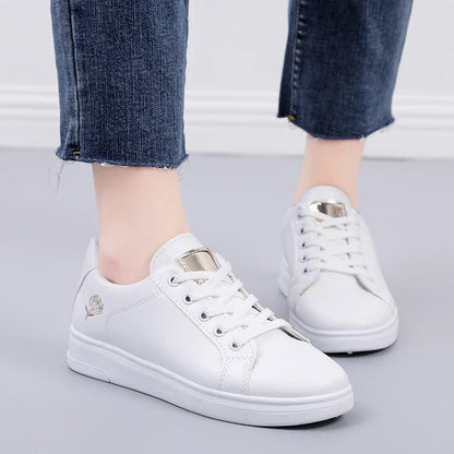 Women Leather Pu Casual Shoes New 2025 Woman Shoes Fashion Embroidered White Sneakers Breathable Flower Lace-Up Women Sneakers