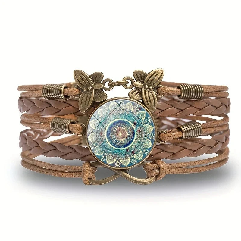 Classic Mandala Butterfly Infinity Charm Bracelet Vintage Multilayer Brown Woven Leather Bracelets For Women Men