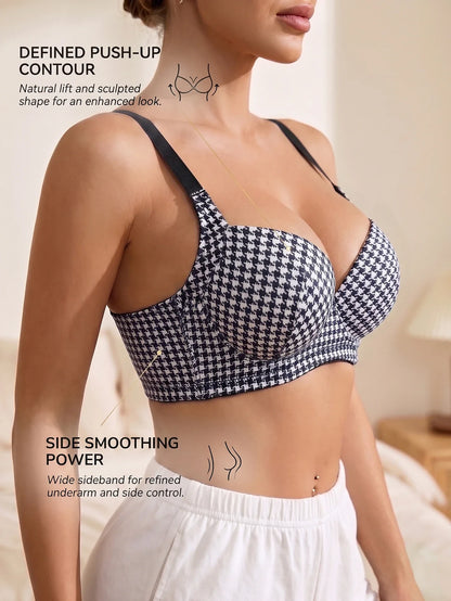 Women's Houndstooth Print Push-Up Bra Wide Elastic Straps Underwear Underwire Side Smoothing & Supportive Bra Women