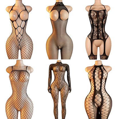 Sexy Big Loophole Open Bra BodySuits Erotic Crotchless Lingerie Women Fishnet Hollow Exposed Breast Adult Plus Size Underwear