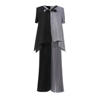 Blouse Pants Suit Women Summer Youthful Pleated Tie-Front Delicate