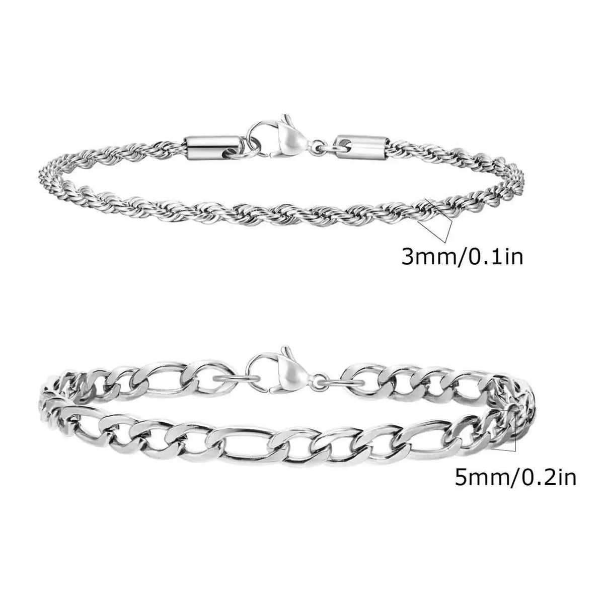 2pcs Men's Chain Bracelets, Stainless Steel Silver Gold Black Color
