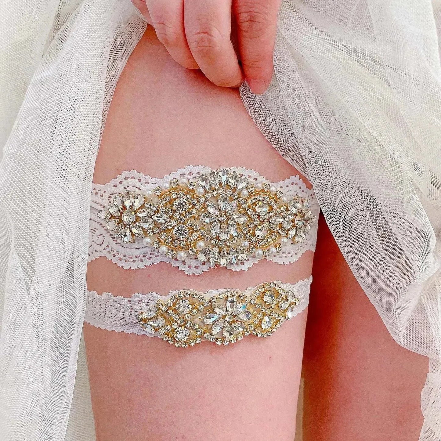 K03 2 PCS Sexy Lace Flower Crystal  Pearls Wedding Garter Belt Thigh Ring Bridal Leg Garter Stocking Garter Belt Girl Women