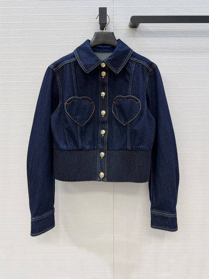 Spring Heart Pattern Cotton Denim Jacket & Jeans Set for Women