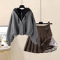 Hooded Zipper Top & Pleated Skirt Set Streetwear