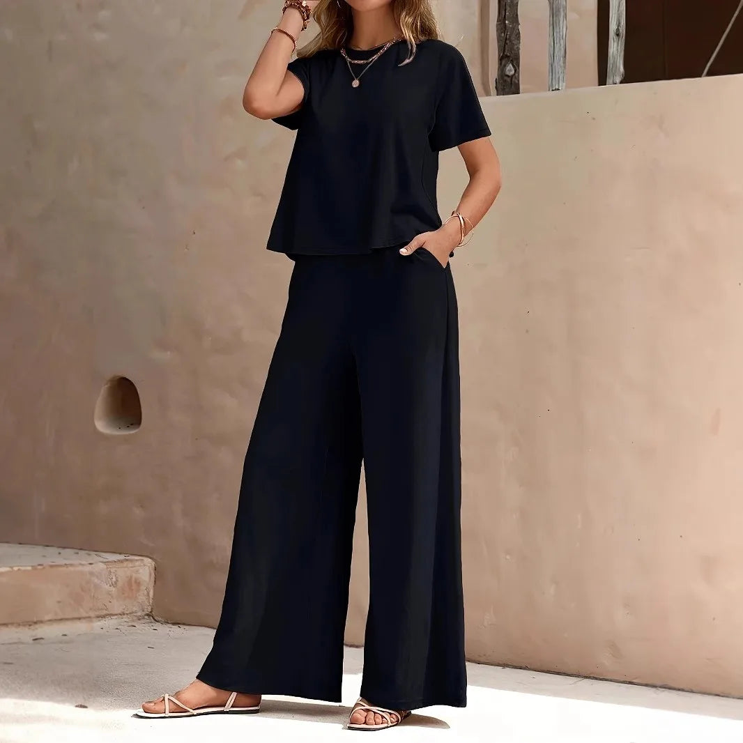 New Solid Green Women Loungewear Set Round Neck Crop Short Sleeve Top