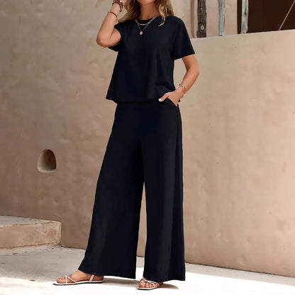 New Solid Green Women Loungewear Set Round Neck Crop Short Sleeve Top
