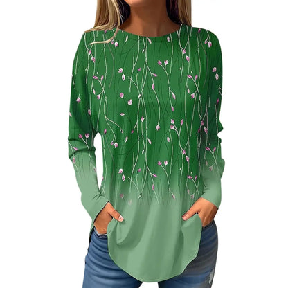 2024 women's fashion tops long sleeve round neck pullover casual long sleeve t-shirt new 3d printed gradient printed t-shirt