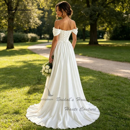 Lakshmigown Minimalist Satin Corset Wedding Dresses 2027 Sexy Women A Line White Bridal Dresses Off Shoulder Customized
