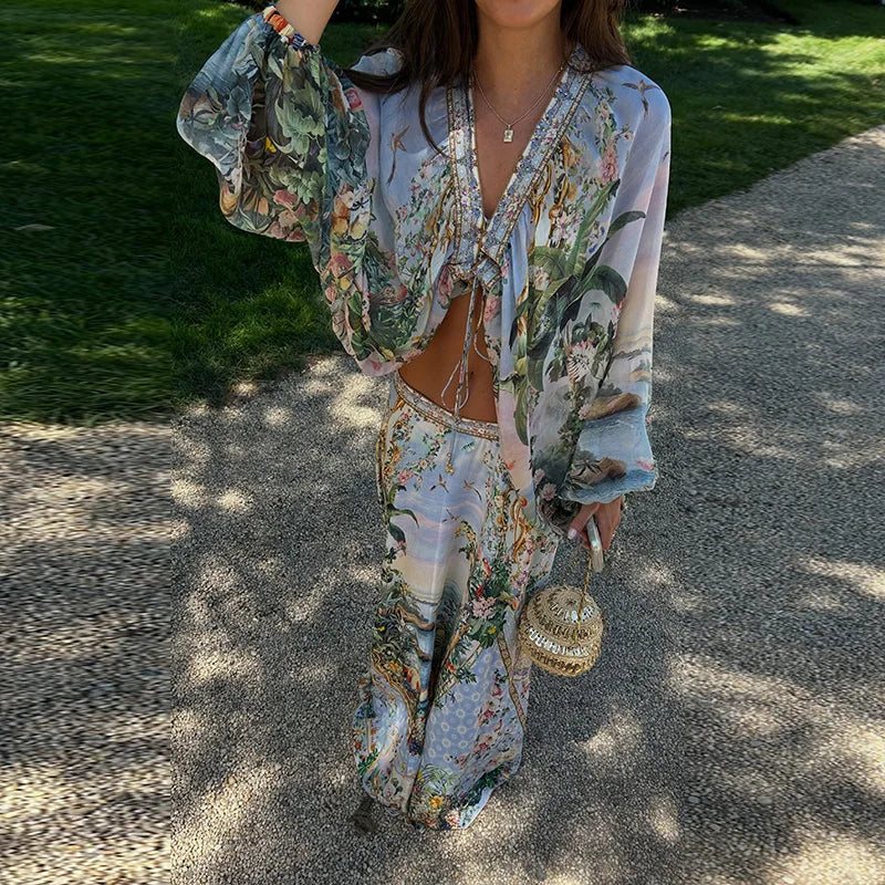 Bohemian Floral Matching Set V Neck Tie Front Crop Top Elastic Waist