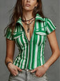 Fashionable Sexy Denim Stripe Print Short Sleeve Shirt for Young Ladies with Real Pockets Printed Design No Texture