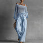 Off Shoulder Hollow Knit Womens 2 Piece Set Long Sleeve High Waist Wide Leg Pants Outfit Casual Loose Summer Beach Vacation Suit