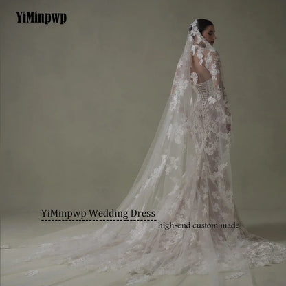 Ivory Lace Mermaid Wedding Dresses for Bride Removable High Neck Long Sleeve Backless Garden Beach Bridal Gown Customized