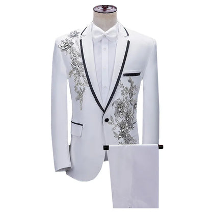 (jacket+pants) Men Fashion Wedding Banquet Party Flower Suits Singer