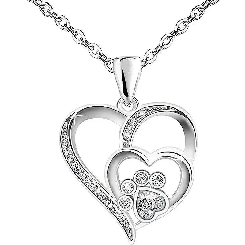 Huitan Sweet Paw Print Shaped Women Pendant Necklace Double Heart Elegant Accessories Inlaid Shiny CZ for Wedding Daily Jewelry