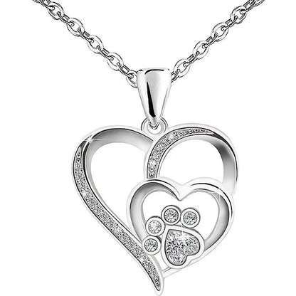 Huitan Sweet Paw Print Shaped Women Pendant Necklace Double Heart Elegant Accessories Inlaid Shiny CZ for Wedding Daily Jewelry