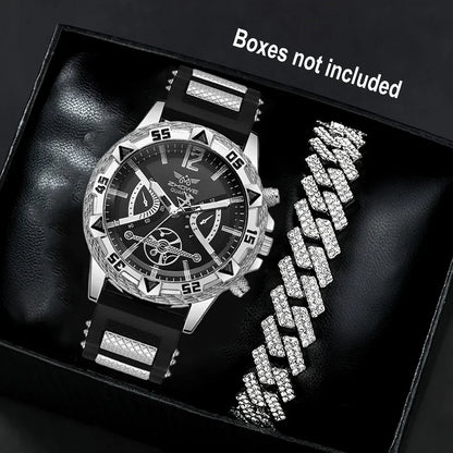 Business 2PCS Men's Fashion casual Luxury Silicone Band Diamond Quartz Bracelet Wrist Watch set（Box Not Included ）