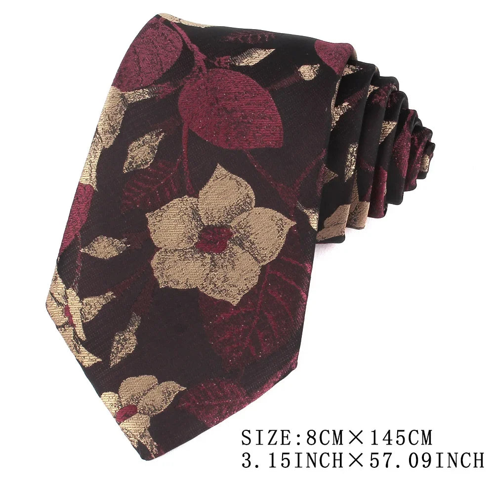 NEW 8cm Wide Tie For Man Jacquard Necktie Luxury Flower Business Neck Tie Suit Cravat Dark Red Ties For Wedding Party Men Gift