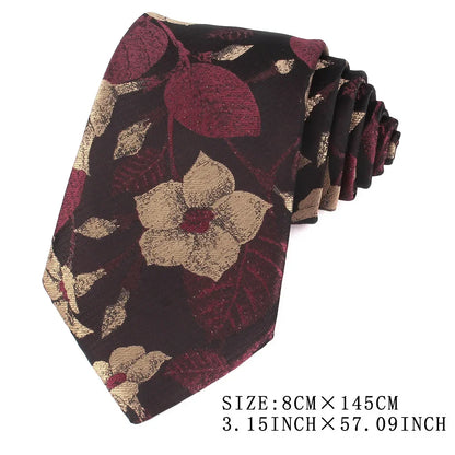 NEW 8cm Wide Tie For Man Jacquard Necktie Luxury Flower Business Neck Tie Suit Cravat Dark Red Ties For Wedding Party Men Gift