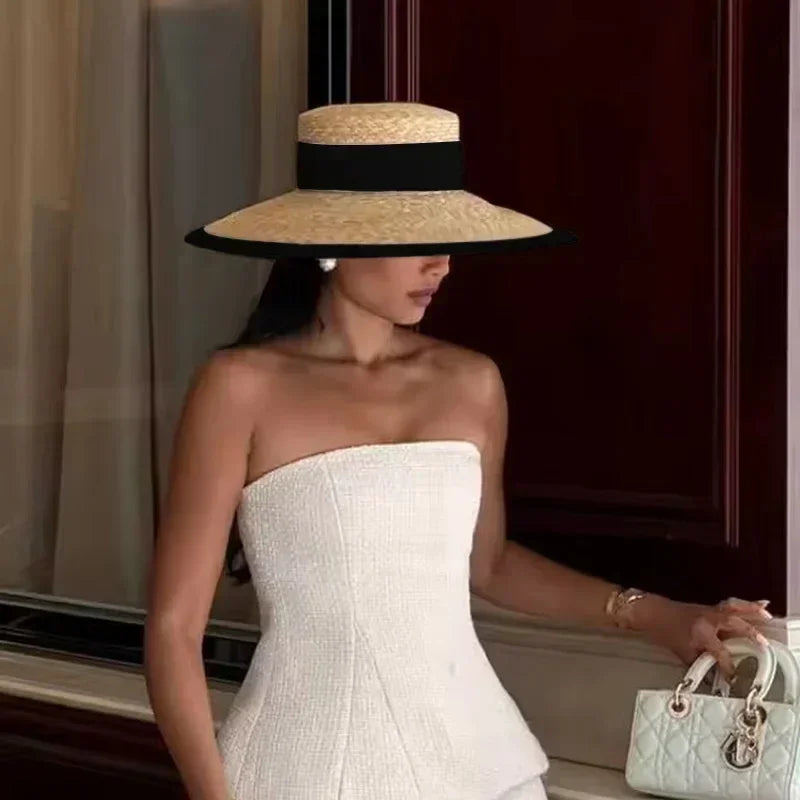 Straw summer hat French elegant ladies seaside travel sun hat Hepburn style wide brim hat  햇빛가리개 모자 모자
