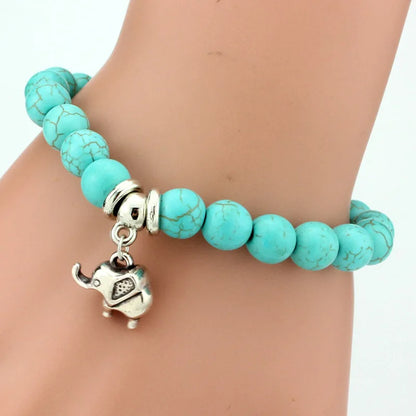FTCY Women Bohemian Beaded Bracelet Fashion Turquoise Natural Stone Anti-Stress Yoga Geometric Pendant Elastic Cord Hand Chains