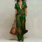 Vintage Printed Two Piece Suits Women Glossy V Neck Pocket Short Sleeve Tops & Wide Leg Trousers Sets Chic Holiday Travel Outfit