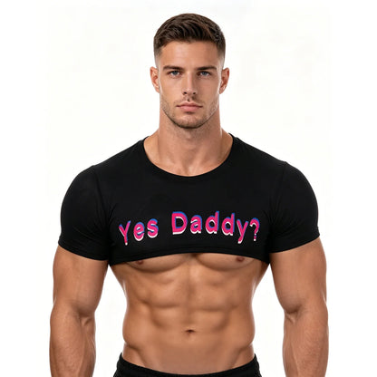 Short Sleeve Crop Top Men Sexy Scoop Neck T Shirts Summer Y2k Yes Daddy Printed Letters Man Clothes Tops Party Costume