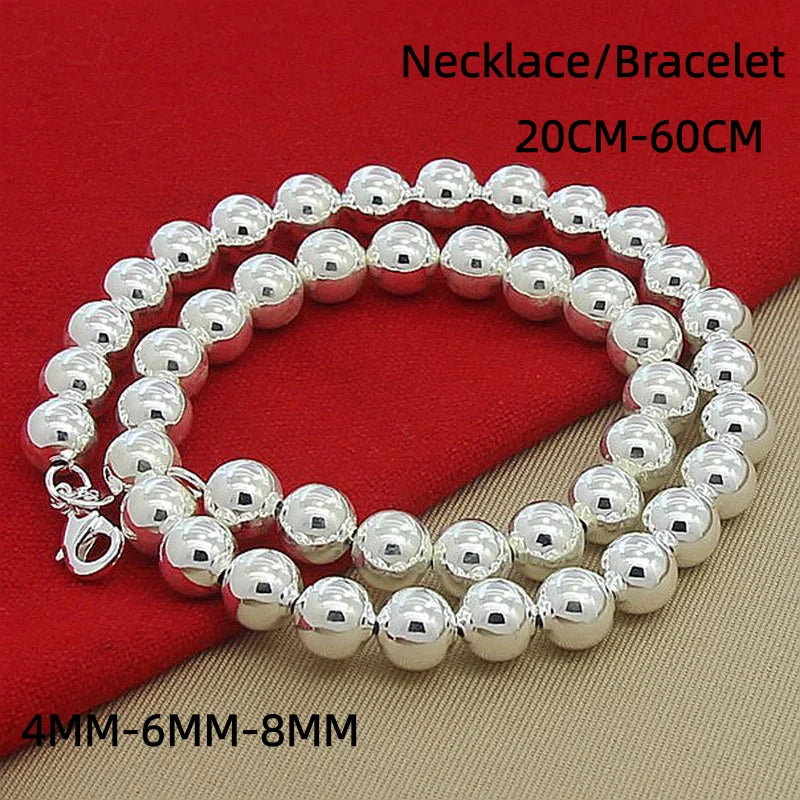 925 Sterling Silver Round Bead Chain Necklace 4/6/8mm Smooth Ball Beads 40-60CM Choker Necklaces for Women Daily Jewelry