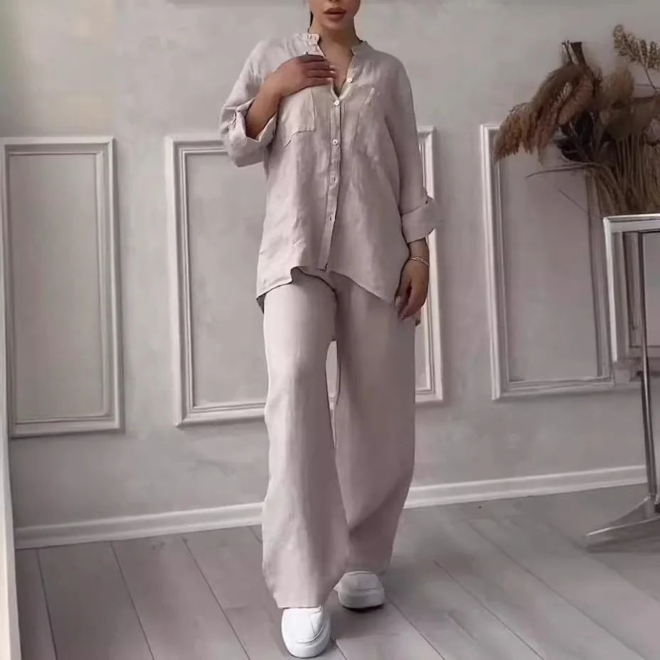 Autumn Cotton and Linen Pant Sets Women Fashion Long Sleeve Shirts