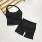 VEQKING Seamless 2pcs Women Yoga Sets Open Back Longline Sports Halter Bras Running Tank Tops Scrunch Butt Gym Workourt Shorts