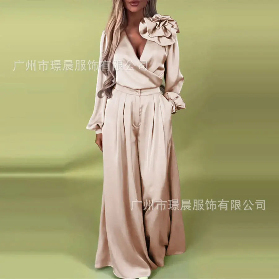 Pant Set Women Two Piece Sets V Neck Matching Sets Floral Slim Fit Tops Wide Leg Long Pants High Waist Y2k Elegant Retro 2025