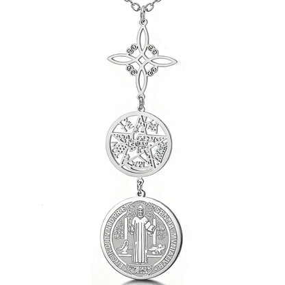 Triple Protection Necklace With Witch Knot Pentagram Tetragrammaton St. Benedict Stainless Steel Spiritual Symbol Amulet Jewerly