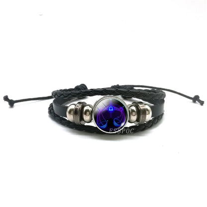 New Men 12 Constellation Black Braided Leather Bracelet Punk Style Zodiac Sign Multilayer Weave Wrap Bracelet For Birthday Gifts