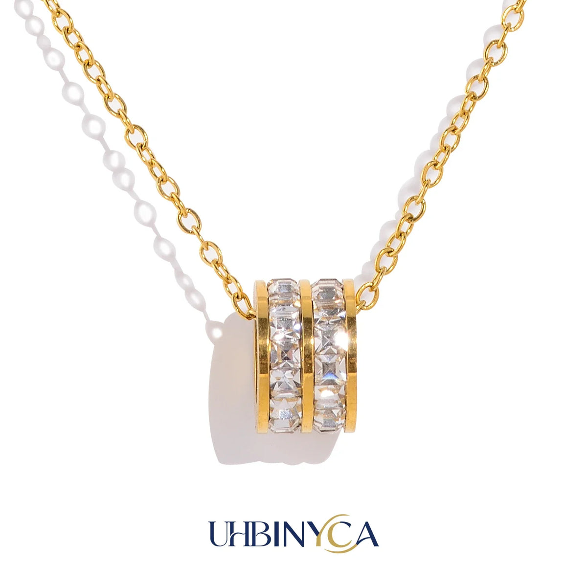 Double Row CZ Pendant Necklace 18K Gold Plated Stainless Steel Waterproof Hypoallergenic Elegant Party Fashion Jewelry for Women