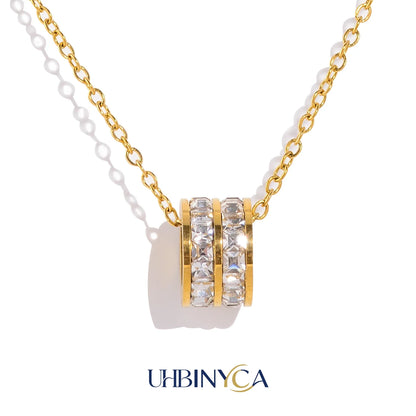 Double Row CZ Pendant Necklace 18K Gold Plated Stainless Steel Waterproof Hypoallergenic Elegant Party Fashion Jewelry for Women