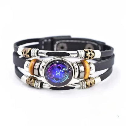 Twelve Constellations Luminous Leather Bracelet Retro Multi-layer Beaded Leather Bracelet Jewelry Gifts for Men Women Couples