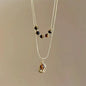 Vintage Leather Brown Stone Sun Pendant Beaded Choker Clavicle Chain Necklace For Women Unique Y2K Personalized Grunge Jewelry